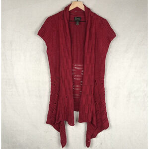 PURE HANDKNIT 100% Cotton Open Waterfall Cardigan Sz S / M‎ Red Loose Knit Cap